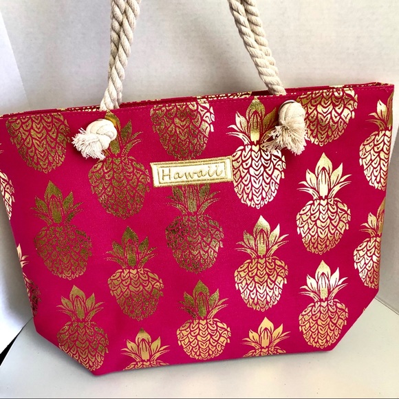 Handbags - Pink & Gold Pineapple “Hawaii” Tote Bag